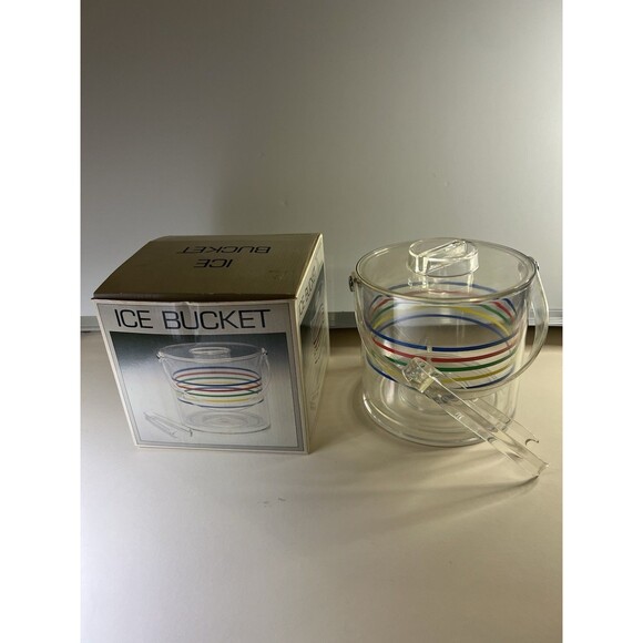 Acrylic IceBucket with Rainbow Stripes Mid-CenturyModern Barware, Box 1980’s VTG - Picture 4 of 7